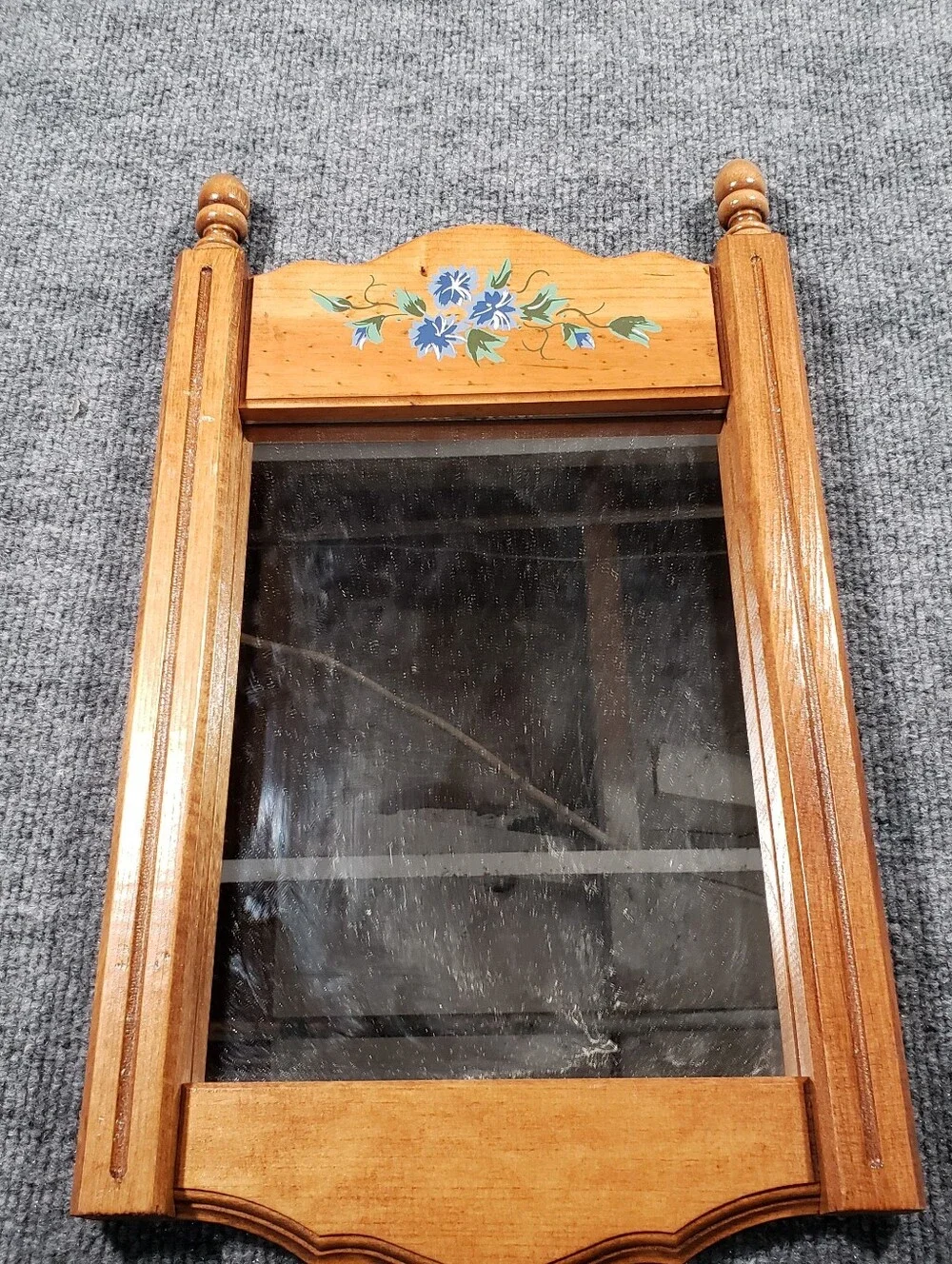 Blue Floral Wooden Framed Mirror Painted Flowers Wall Mount Vintage